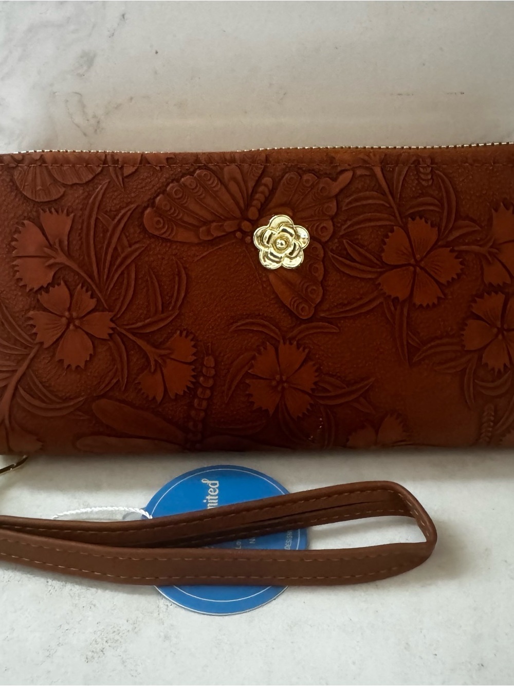 NWT- Camel Floral Embossed Wristlet Wallet with Gold Accent